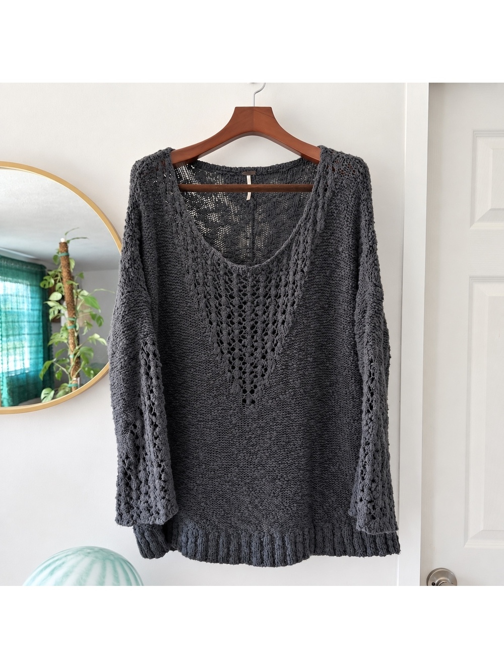Free People Medium Oversized Gray Knit Sweater w Crochet Detail Flared Sleeves